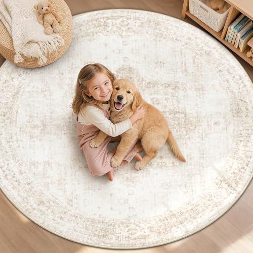 8ft Washable Round Rug with Non-Slip Backing - Vintage Boho Medallion Carpet for Living Room & Bedroom - Beige