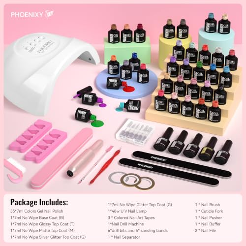 Phoenixy Romance Holiday Gel Nail Polish Kit with UV Light & Drill, 53 Pieces, 35 Colors, Gift for Women