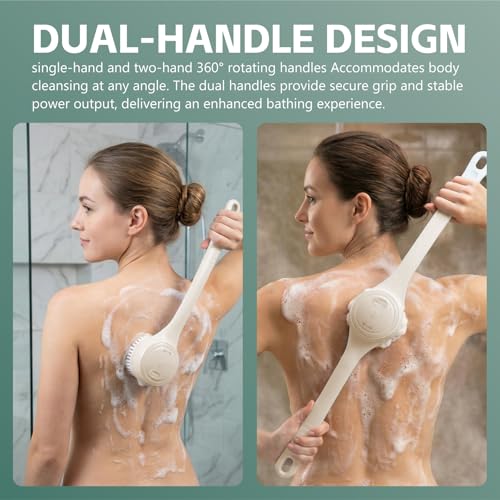 Beige Electric Body Brush Back Scrubber with 4 Heads Waterproof Dual Handle