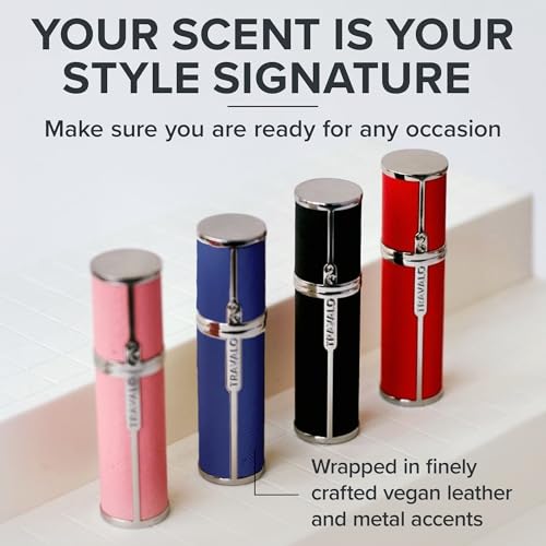 Travalo Milano Perfume Atomizer - Leak-Proof and TSA Approved for Air Travel - Reusable, Airtight, Easy Fill Mini Pump Sprayer - Lightweight, Vegan Leather with Polished Metal Outer Shell - Blue