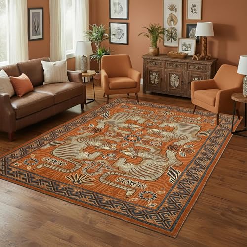 Terracotta Tiger Boho Washable Area Rug 6x9 ft Non-Slip Vintage Living Room
