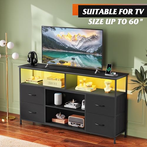 55 Inch TV Stand Dresser with LED Lights & Fabric Drawers - Black, Open Shelves