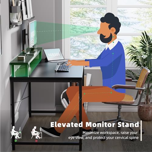Black 47-Inch Small Computer Desk with Monitor Stand & Headphone Hook - Space-Saving Office & Kids Study Table