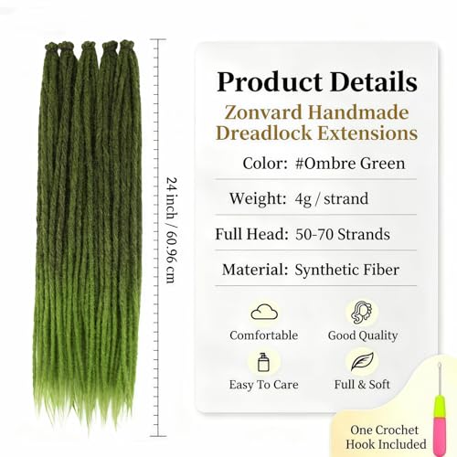 Forest Moss Green Ombre Dreadlock Extensions 24 Inch, 50 Strands - Single Ended