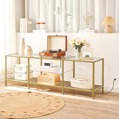 63 Inch Modern TV Stand with LED Lights and Power Outlets, Tempered Glass, Open Shelves, Gold Frame