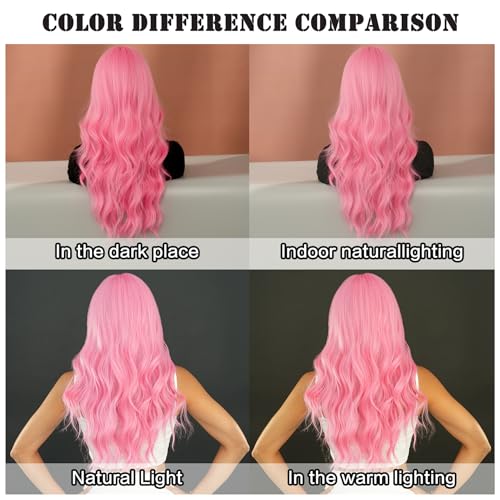 Long Wavy Pink Wig 24in Synthetic Heat-Resistant Curly Wig with Bangs for Women Girls - Light Pink, Variation of 24in / Light Pink