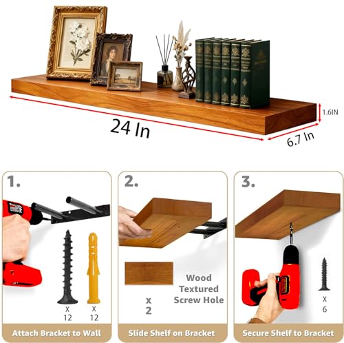 IAE 24 Inch Teak Floating Wall Shelves with LED Lighting, 2-Tier Bathroom & Kitchen Storage