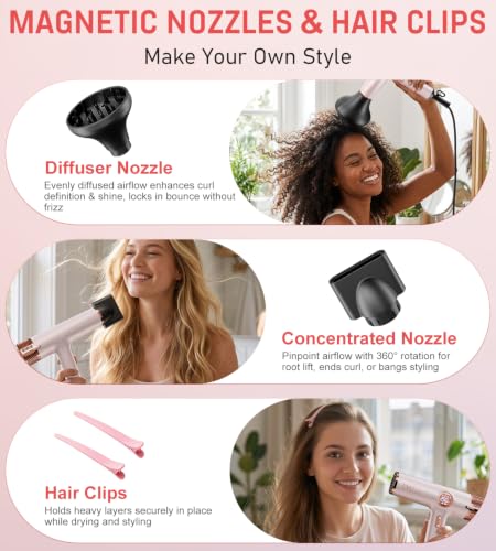 FMZ Pink Ionic Hair Dryer with Diffuser, 1875W High-Speed Blow Dryer
