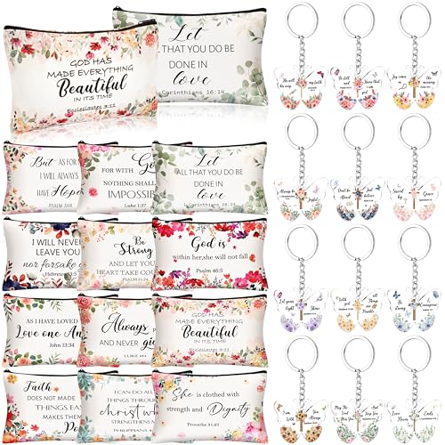 HUFAND 24Pcs Christian Gifts for Women Makeup Bags & Butterfly Keychains Set - Inspirational Religious Gift Set