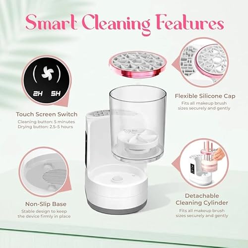 BRISEL 3-in-1 Electric Makeup Brush Cleaner & Dryer, USB Automatic with LED Light, Fast Deep Cleaning & Quick Drying for All Brush Sizes, White & Rose Gold Beauty Tool