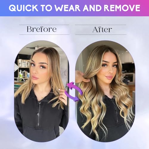 Clip in Hair Extensions Light Blonde Highlighted Golden Blonde 16 Inch 90g - Real Human Hair Remy Set