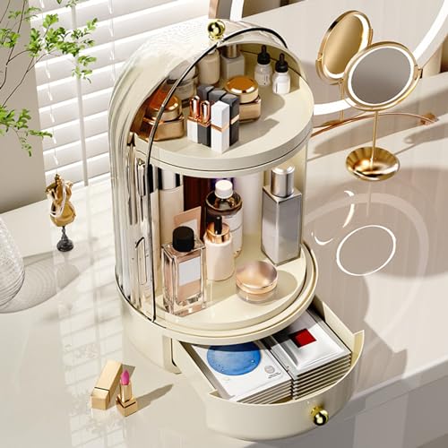 DASITON Makeup Organizer Countertop,360¡Æ Rotating Makeup Storage Organizer with Cover and Drawer,Waterproof Cosmetics Display Case,Large Capacity Skincare Organizers for Vanity,Desktop,Bathroom(Cream)