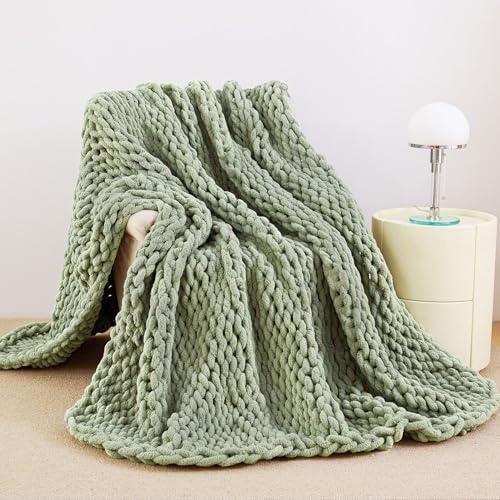 Sage Green Chunky Knit Blanket Throw 60x80 Inches - Cozy Couch Cover