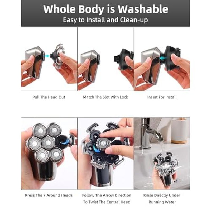 7D Electric Bald Shaver - 5-in-1 Dry/Wet Men's Head Shaver with Led Display & IPX7 Waterproof, Detachable, Rechargeable Razor