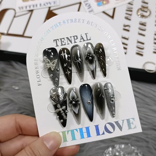 Handmade Press on Nails Long Stiletto - Gothic Cat Eye Blushing Ombre Fake Nails with 3D Chain Design | Ultra Thin Flexible False Nails with Tools| Dark Stiletto Y2K Nails For Women Girls(S)