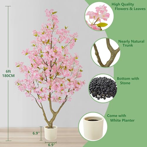 6ft Artificial Cherry Blossom Tree with White Planter - Sakura Flower Decor - Variation of Chery Blossom Tree