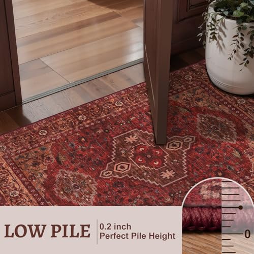 Dark Red 5x7 Washable Area Rug - Oriental Non Slip Living Room Carpet