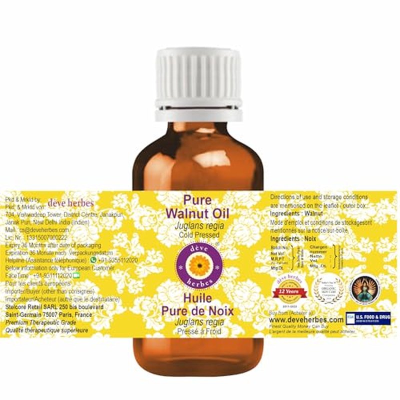 Deve Herbes Walnut Oil (Juglans regia) | Cold Pressed | Pure | Natural | Undiluted | for Diluting Essential Oils | for Hair, Skin & Massage | Non-Sticky| Lightweight| Men & Women | 15ml (0.50 oz)