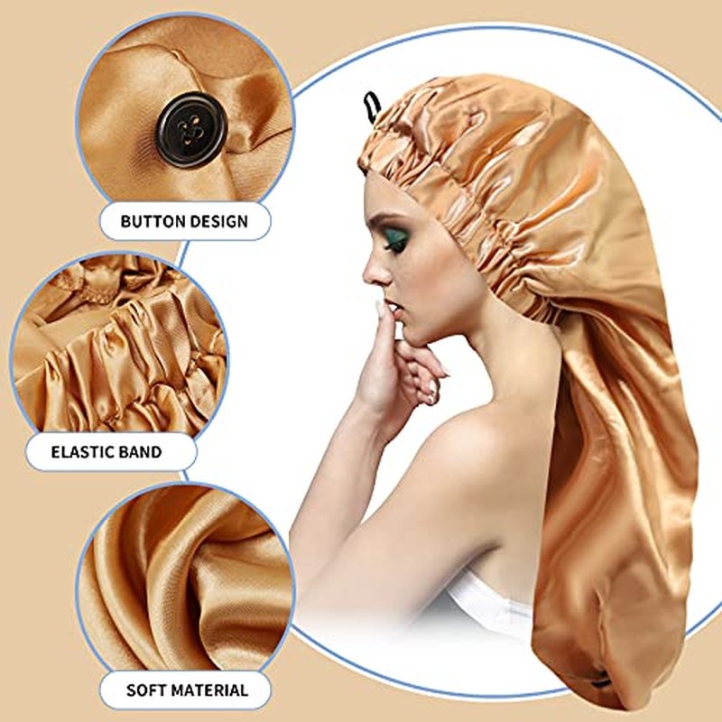 2PCS Satin Hair Braid Bonnet, Extra Long Foldable Bonnet with Button, Single Layer Sleep Cap for Black Women & Dreadlocks (Black+Khaki)