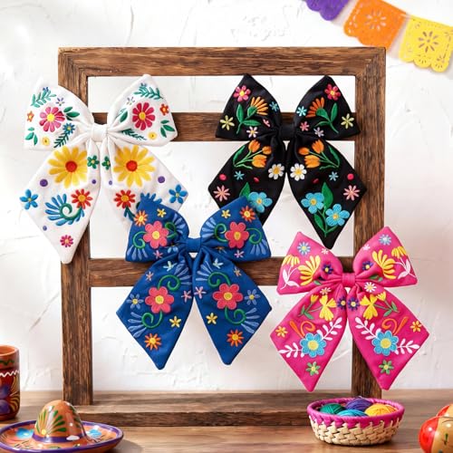Mexican Embroidered Hair Bows Set - 4 Colorful Floral Clip Accessories for Women - Classic Variation