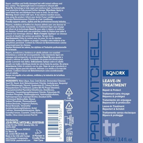 Paul Mitchell Bond Rx Leave-In Treatment, Repairs + Protects, For Chemically Treated + Damaged Hair, 3.4 fl. oz.