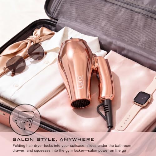 LURA Rose Gold Foldable Dual Voltage Travel Hair Dryer with Diffuser & Concentrator