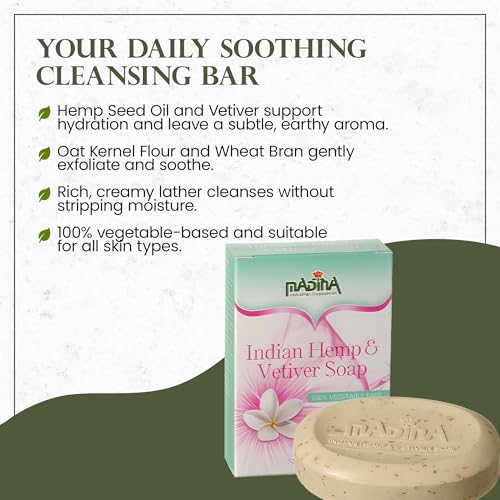 Madina Indian Hemp Vetiver Soap Bar ? Moisturizing, Nourishing, Shea Butter, Oat, Wheat Bran, Gentle Cleanser, 100% Vegetable-Based, For All Skin Types, 6 Pack (3.5 oz Each)