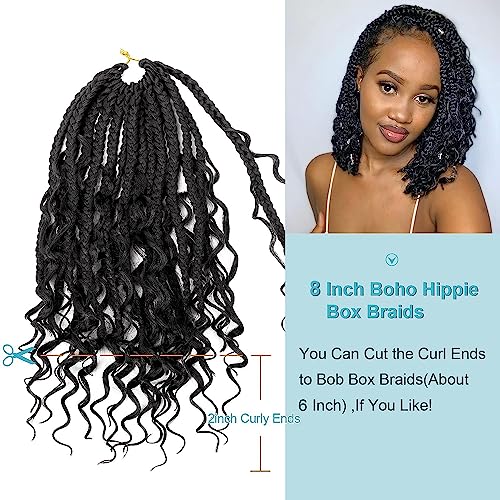 8 Inch Goddess Box Braids Crochet Hair with Curly Ends - Pack of 8, 1B