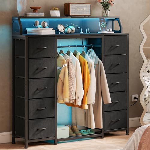 51-Inch Dresser with Hanging Rack and 10 Fabric Drawers - Black, 11.8"D x 51.2"W x 49.1"H