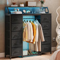 51-Inch Dresser with Hanging Rack and 10 Fabric Drawers - Black, 11.8"D x 51.2"W x 49.1"H
