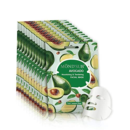 MOND'SUB [12 P] Avocado Oil Facial Masks-Best Sheet Mask For Dry Skin-Deeply Nourishing&Moisturizing- Make Skin Soft&Clear-Every Skin Condition Day to Day Skin Concerns-Both Men&Women