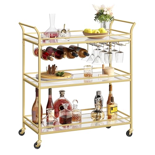 VASAGLE Gold Bar Cart with Mirrored Glass Shelves, 3-Tier Large Serving & Wine Storage