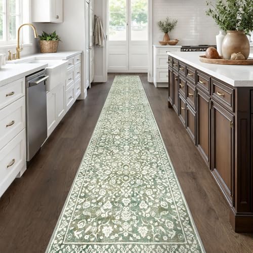 SILOLLOOM Vintage Sage Green Floral Hallway Runner Rug 2.6x16 ft Non-Slip