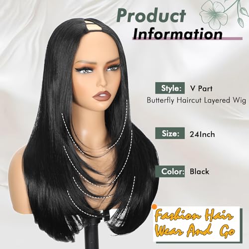 24 Inch Black V Part Wig for Black Women Natural Straight Clip-In Glueless Synthetic Hair