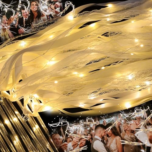 LED Fairy Wands 100 Pcs Wedding Glow Stick with Ribbon & Bell - Warm White, Flashing Modes