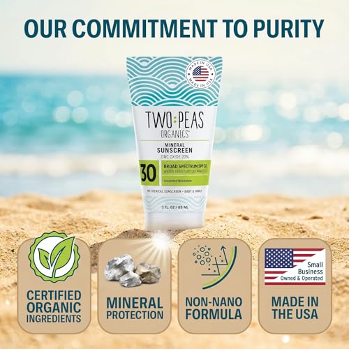 Two Peas Organics Mineral Sunscreen SPF 30 Lotion Twin Pack - Unscented, Water-Resistant 80 Min, Non-Nano Zinc, Baby & Family Safe, Organic & Reef Safe - 3 oz
