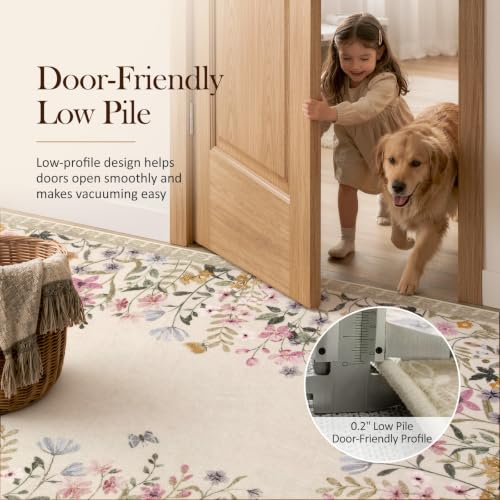 6x9 Beige Washable Boho Floral Area Rug - Non Slip Low Pile Nursery Carpet