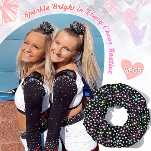 6 Pcs Glitter Black Rhinestone Cheerleading Scrunchies - Sparkly Hair Accessories for Cheerleaders & Dance
