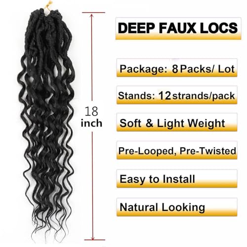 18 Inch Faux Locs Crochet Hair - Soft Wavy Locs with Curly Ends, 8 Packs of 1B
