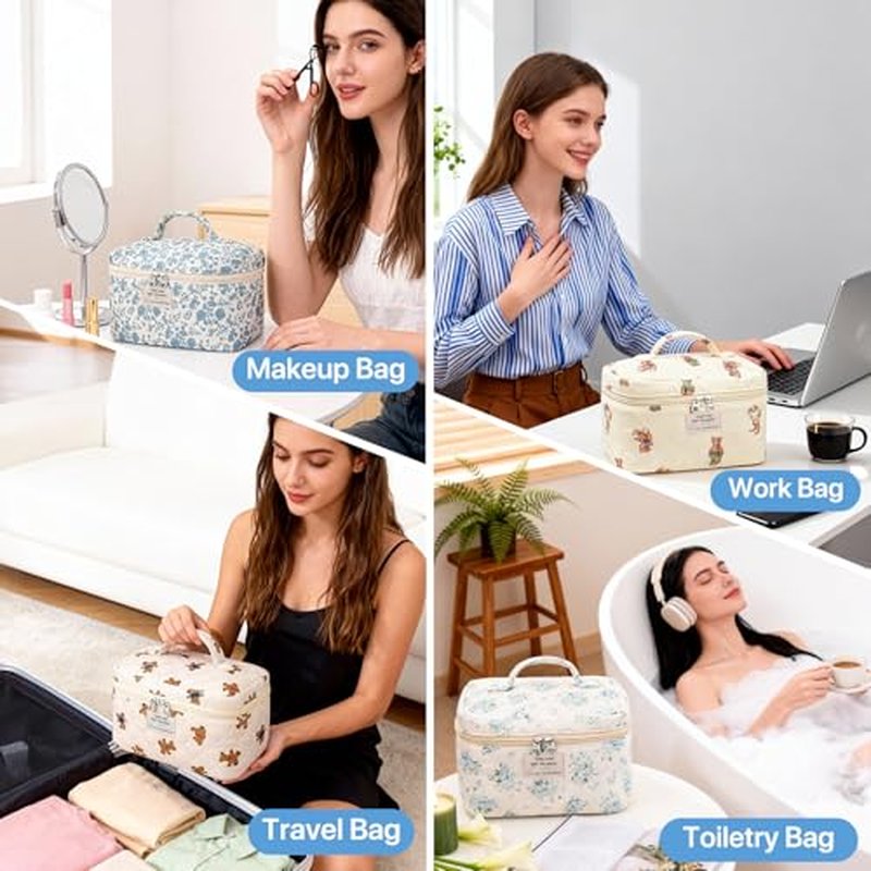 Large Floral Makeup Bag for Women, Cute Quilted Cosmetic Bag Travel Toiletry Organizer Make up Bag, Coquette Aesthetic Big Makeup Bags for Girls Gift (Blue)