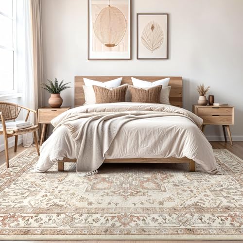Vintage Washable Area Rug 8x10 Beige Medallion Pattern Living Room Carpet - Durable & Non-Slip