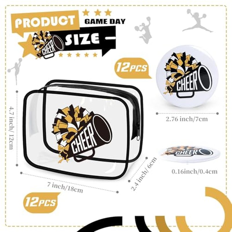 24 Pcs Cheerleader Gifts Bulk for Team 12 Cheer Makeup Bags and 12 Round Portable Mirror,7 x 4.7 x 2.4'' Cosmetic Bag for Women Party Favors Team Gifts (Black&Gold)