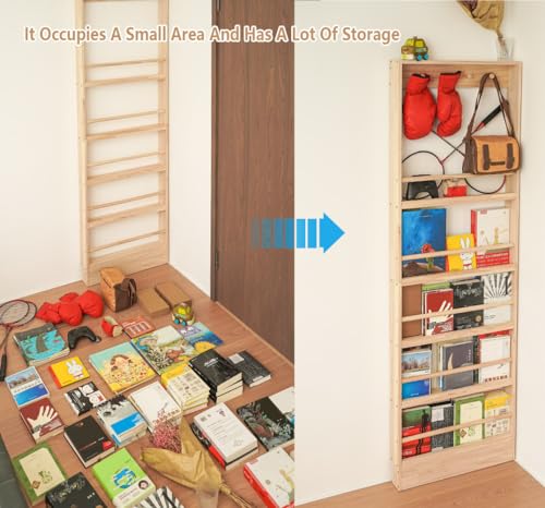 Morimoe Wooden Kids Wall-Mounted Bookshelf with 4 Hooks – Space-Saving Toy & Book Organizer