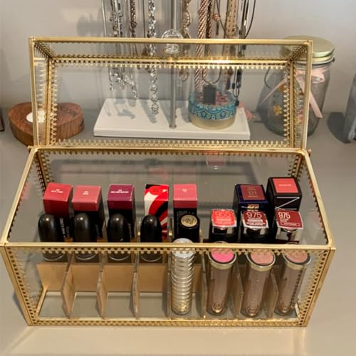 Glass Lipstick Organizer with Lid, 24 Slots Vintage Makeup Storage Box