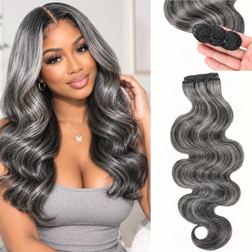 SIYUSI Gray Human Hair Bundles 16 Inch Wavy Curly Salt & Pepper Natural Color