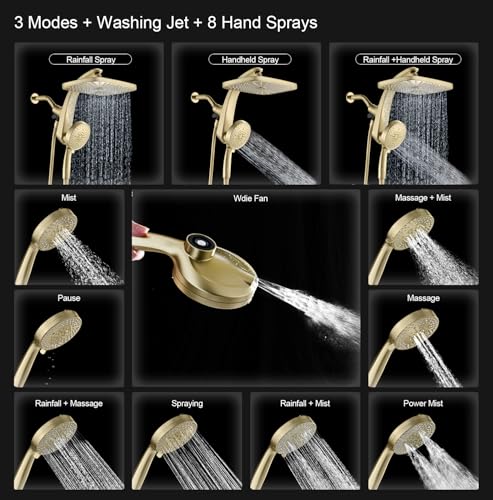 12-Inch High Pressure Rain Shower Head with Handheld Spray - 9 Modes
