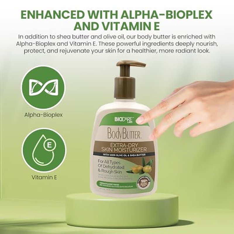 Biocare Labs Moisturizing Body Butter - Body Cream With Natural Shea Butter, Olive Oil, and Vitamin E - Instantly Penetrates and Deeply Renews Skin - Lotion Designed For Dry Skin- 16 OZ