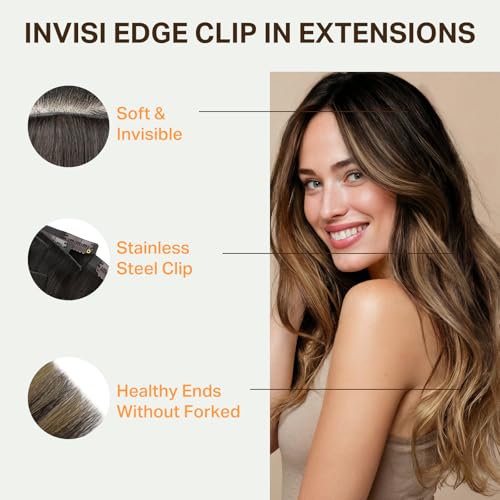 18 Inch Human Hair Clip-in Extensions - Balayage Dark Brown to Chestnut #2/6/2, 130g, 7-Piece Set with Invisible Edges