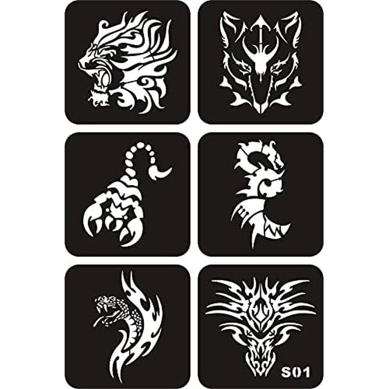 6 Sheets Temporary Tattoo Stencils, 34pcs Animal Tiger Wolf Totem Patterns Henna Tattoo Stencil Kit Temporary Glitter Airbrush Tattoo Stencils Arabian Tattoo Stickers for Face Body Paint Art