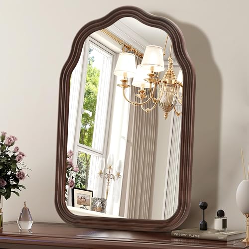 36 Inch Wavy Arch Wooden Bathroom Mirror - Rustic Wall Decor, Dark Brown